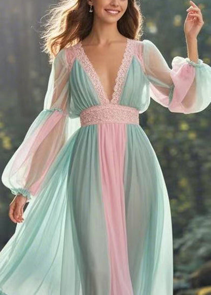 Green V Neck Ruffled Patchwork Chiffon Long Dress Spring