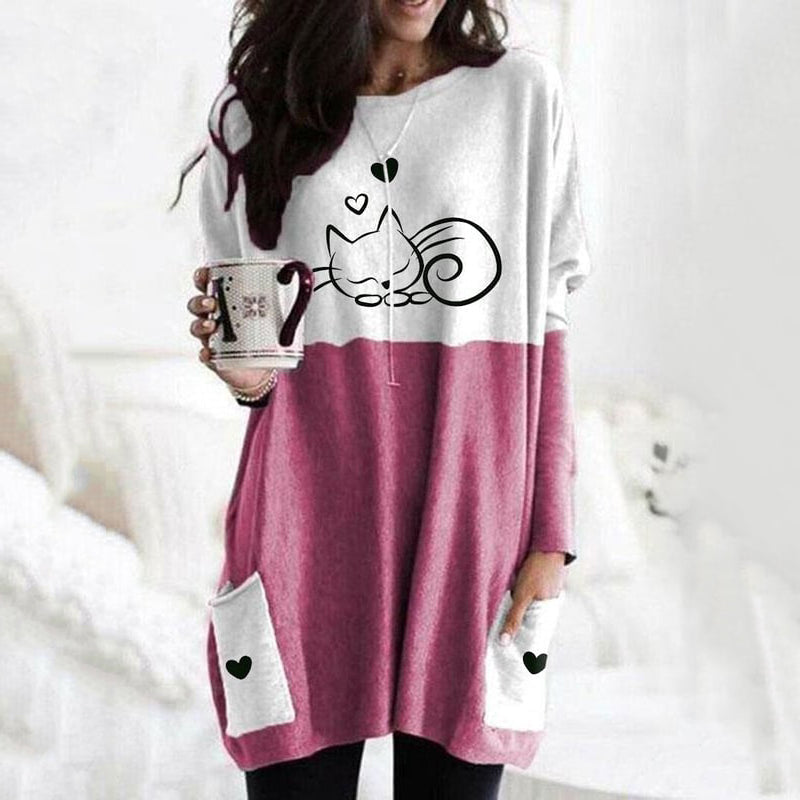 Comstylish Cute Cat Print Long Sleeved Tunic