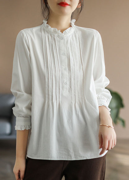 Unique White Ruffled Wrinkled Cotton Shirt Tops Spring