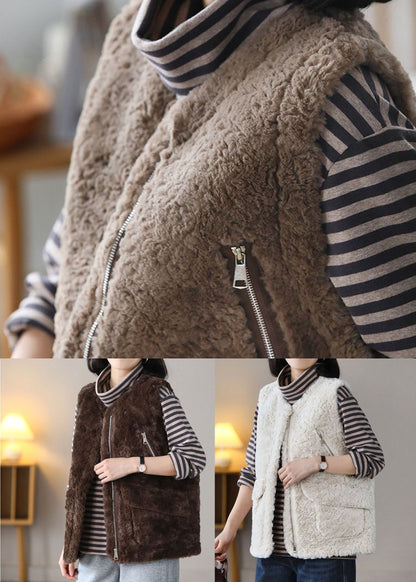 Khaki Zip Up Pockets Fuzzy Fur Fluffy Vest Spring