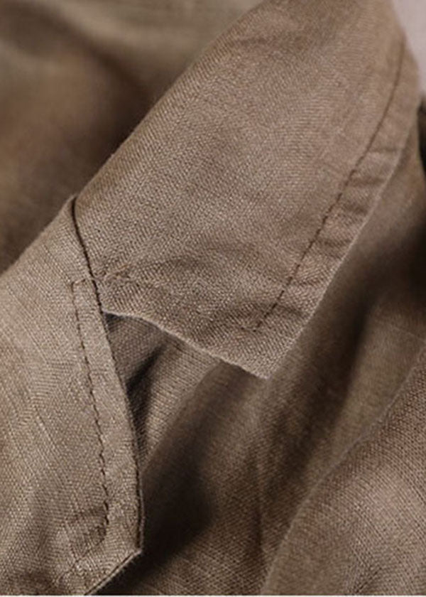 Dark Brown Notched Collar Pockets Linen Coat Long Sleeve