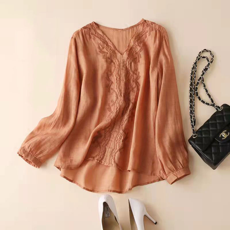 Organic V Neck Spring Tops Tunic Tops Army Green Embroidery Blouse