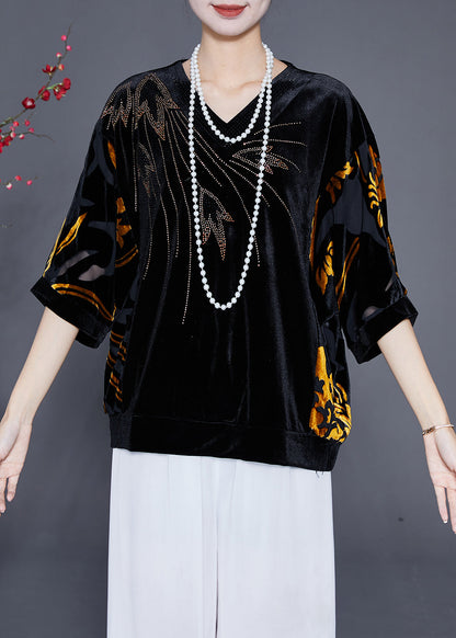 Black Hollow Out Zircon Silk Velour Shirt Top Half Sleeve