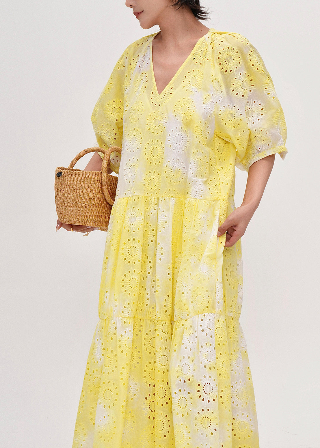 Yellow Tie Dye Hollow Out Cotton Holiday Dress Summer