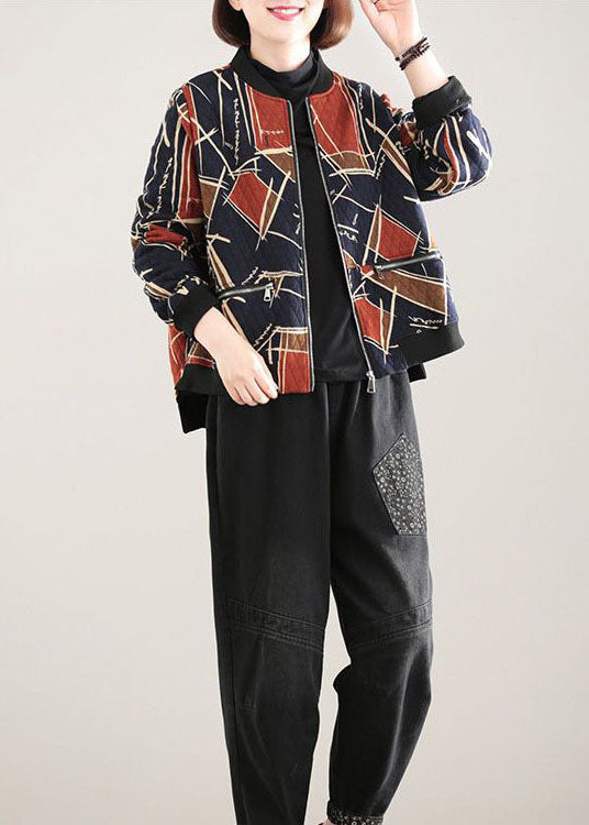 Red Stand Collar Pockets Print Fine Cotton Filled Witner Coat