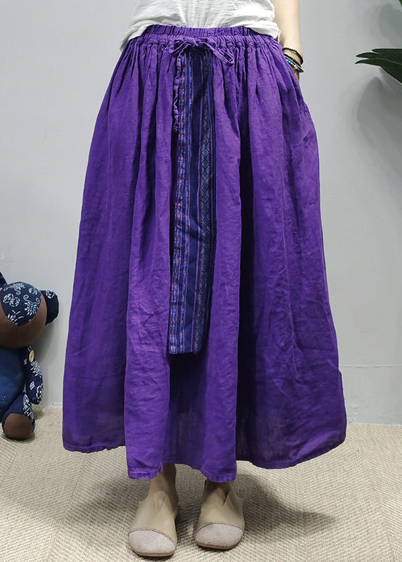 Chinese Style Purple Tie Waist Patchwork Linen Shirt Top a Line Skirt Two Piece Suit Set Long Sleeve