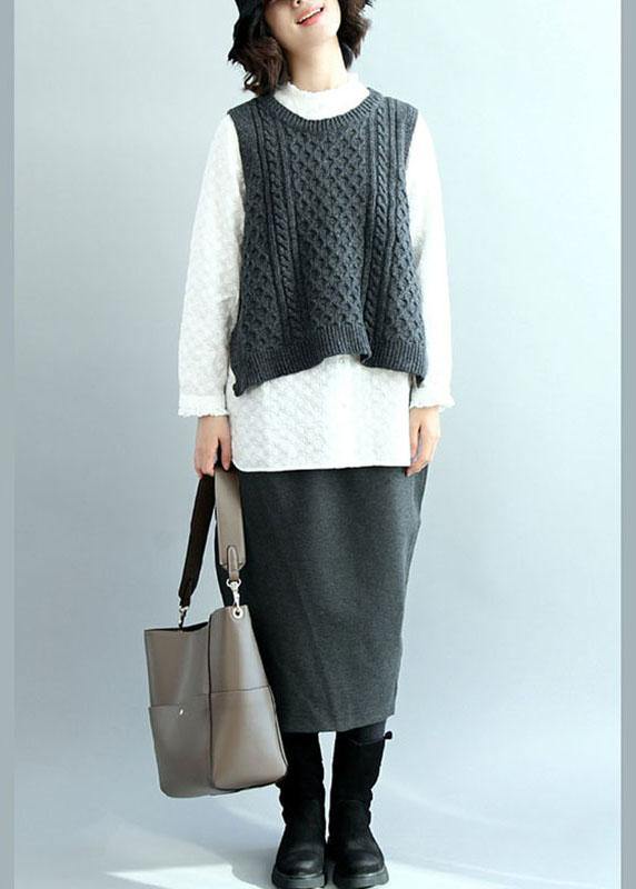 Dark Gray O-neck Side Open Low High Design Fall Knit Vest
