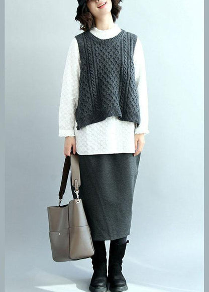 Dark Gray O-neck Side Open Low High Design Fall Knit Vest