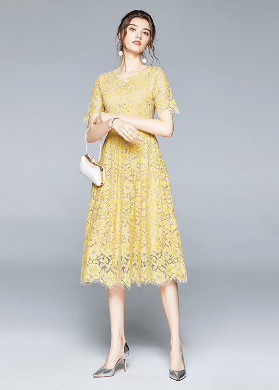 French Yellow Zip Up Slim Fit Lace Party Dress Short Sleeve Summer