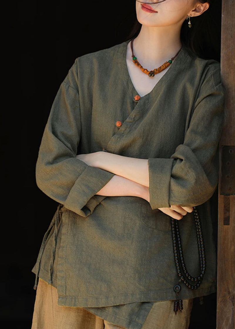 Green V Neck Button Lace Up Cotton Shirts Fall