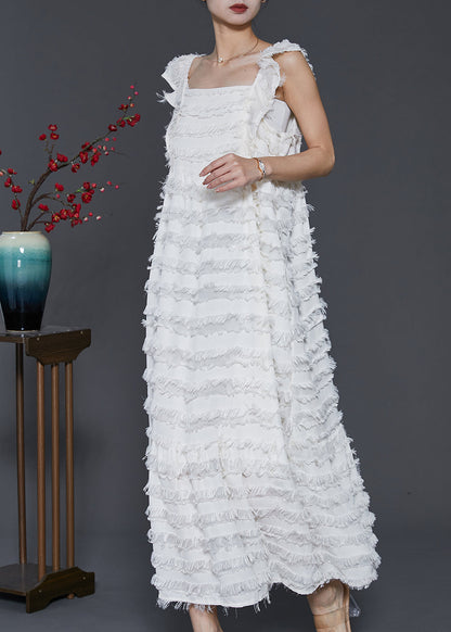 White Tasseled Cotton Summer Dresses Sleeveless