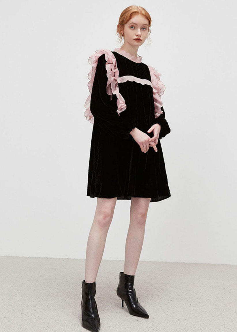 Black Stand Collar Patchwork Ruffled Velour Mid Dresses Spring