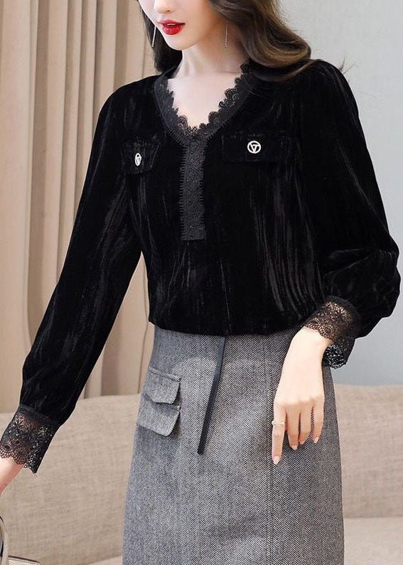 Diy Black V Neck Patchwork Silk Velour Shirts Long Sleeve