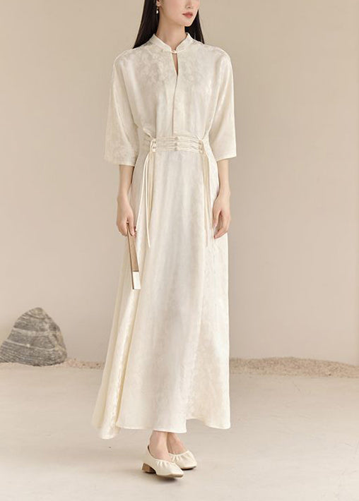 White Stand Collar Tasseled Patchwork Cotton Dress Fall