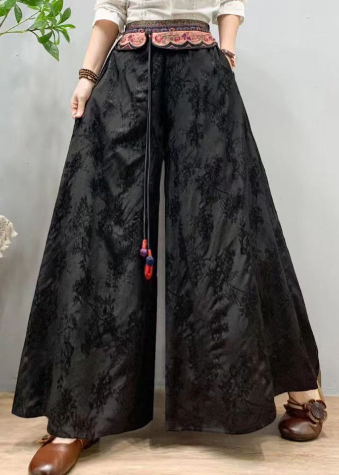 Black Embroidered Patchwork Silk Wide Leg Pants Spring