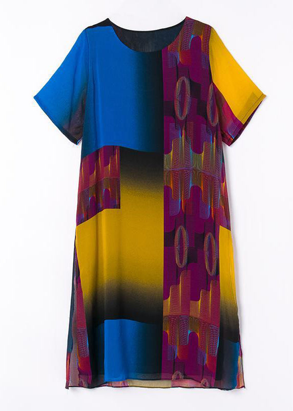 Colorblock O Neck Side Open Patchwork Chiffon Dress Summer