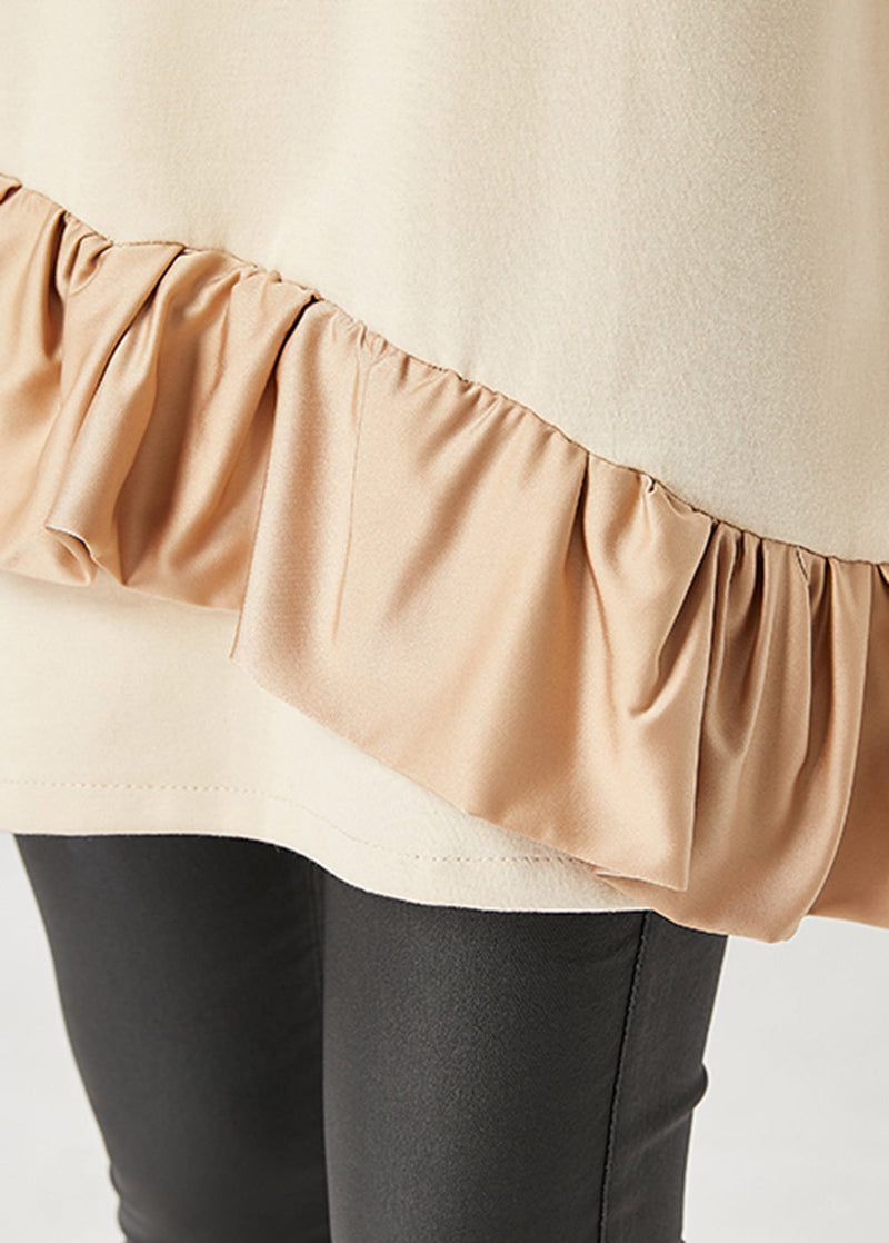 Beige Oversized Patchwork Ruffles Cotton Mid Dress Fall