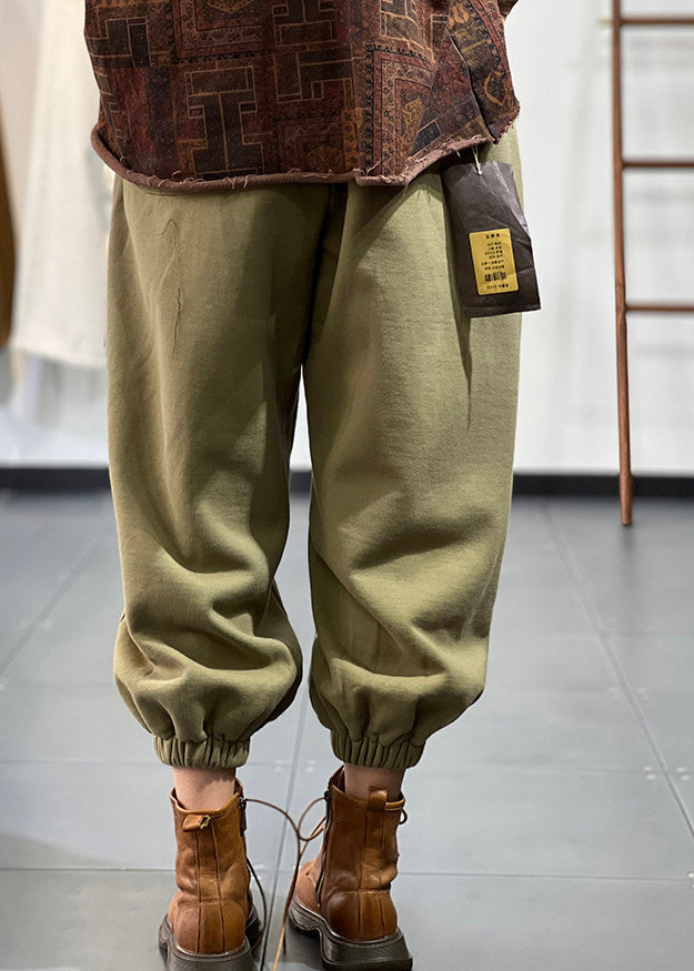 Green Pockets Elastic Waist Warm Fleece Pants Spring