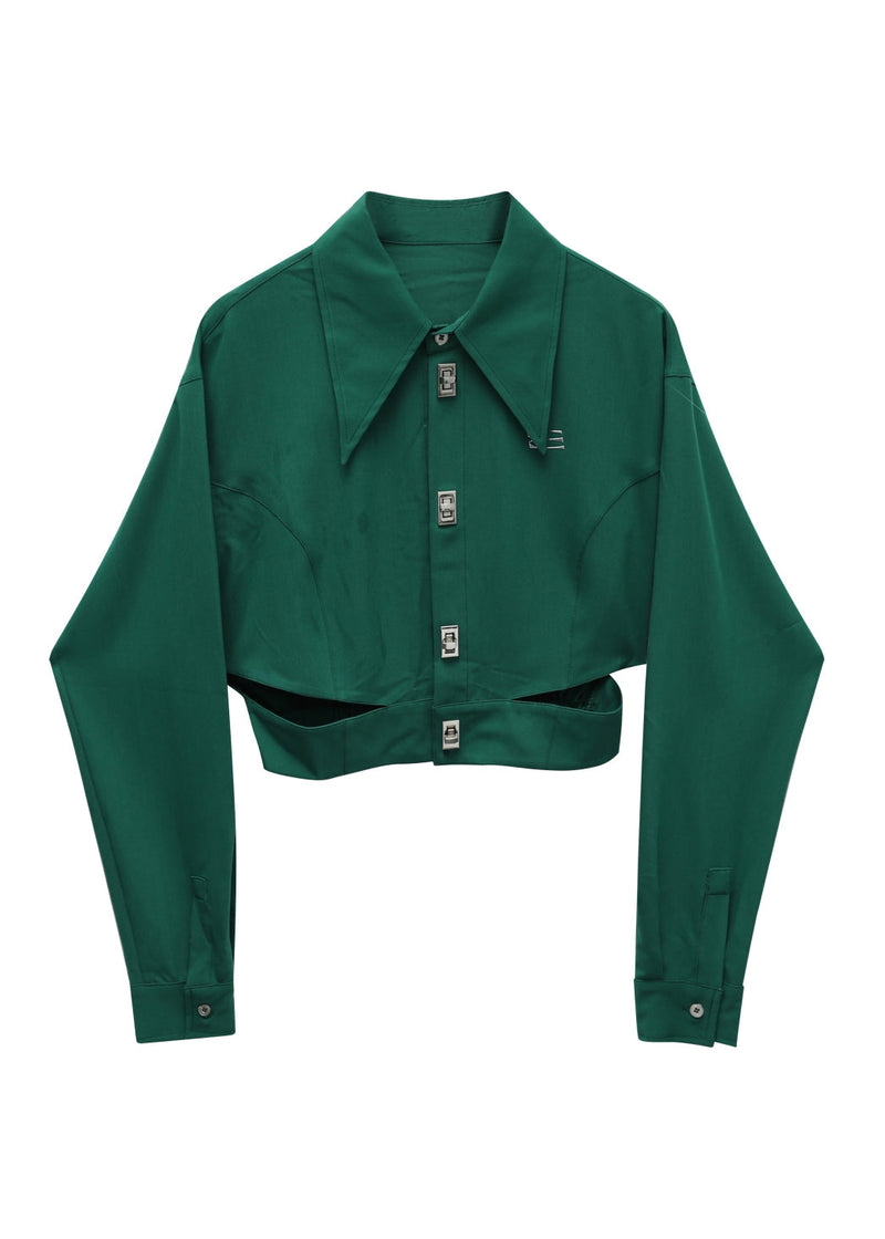 Blackish Green Peter Pan Collar Button Tops Long Sleeve