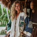 Classic Bohemian Japanese Traditional Sashiko Patchwork Art Embroidery Print Cotton And Linen Blend Kimono Cardigan artswardrobe