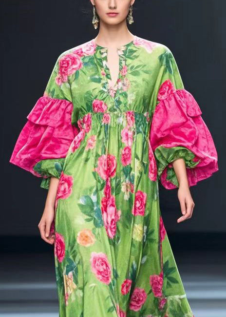 Fine Green Puff Sleeve Silk Velour Maxi Dresses Fall