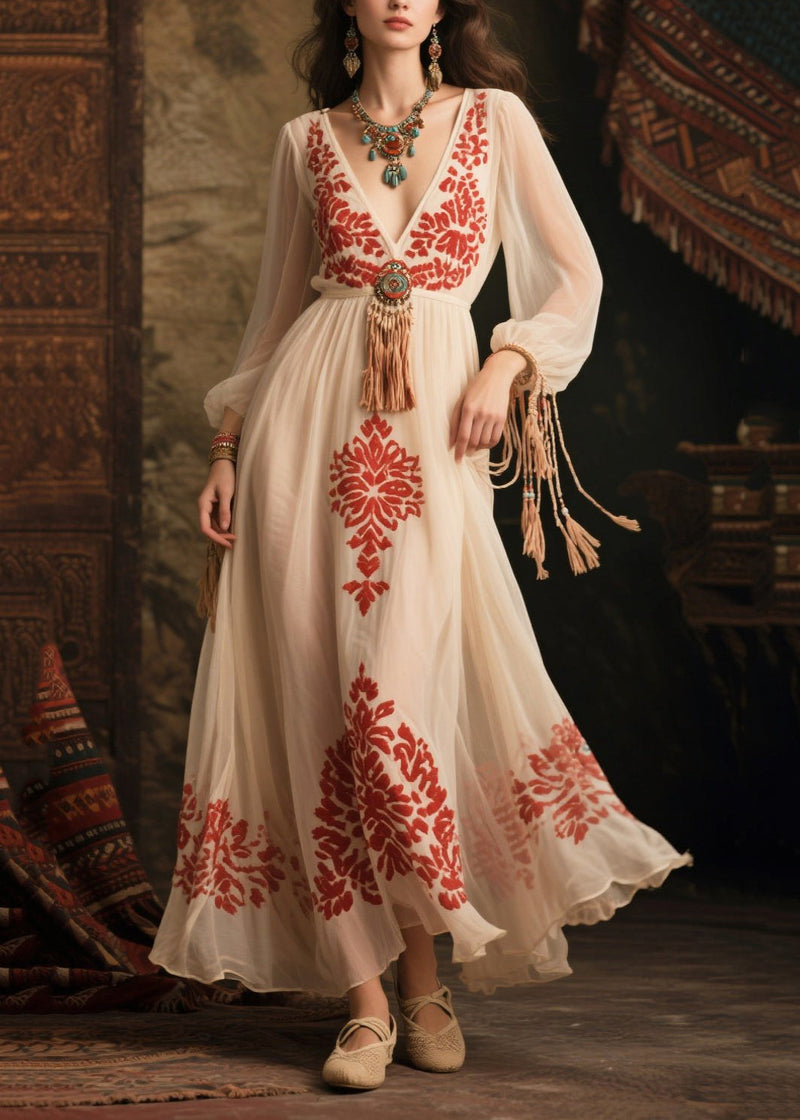 White Tasseled Print Chiffon Long Dress Fall