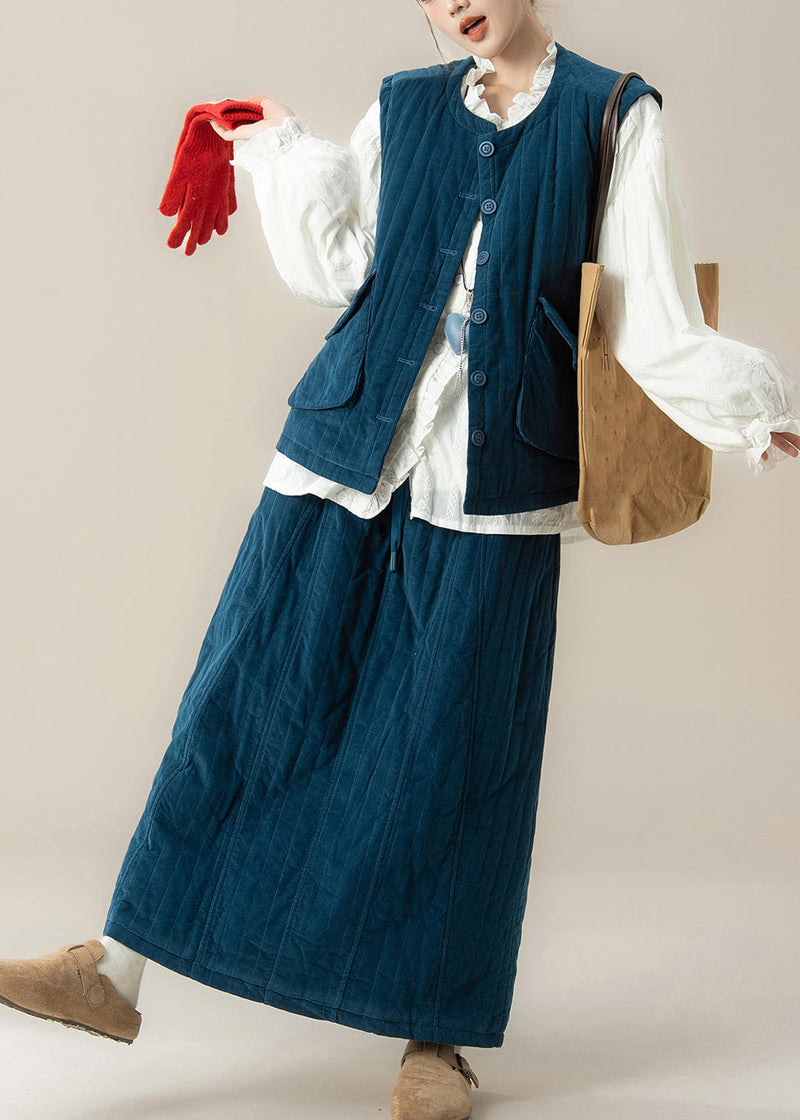 Blue O-neck Thick Waistcoat ,shirts and Maxi Skirts Three Pieces Set Lantern Sleeve