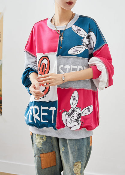 Colorblock Oversized Patchwork Rabbit Print Cotton Sweatshirt Fall