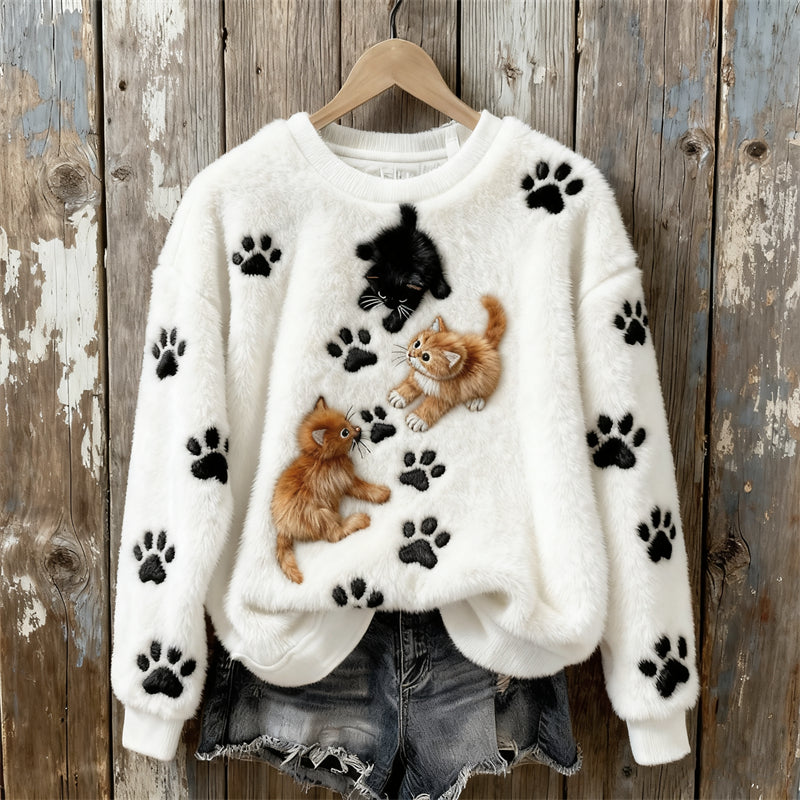 Lovely Cats Paw Prints Embroidered Cozy Plush Sweatshirt