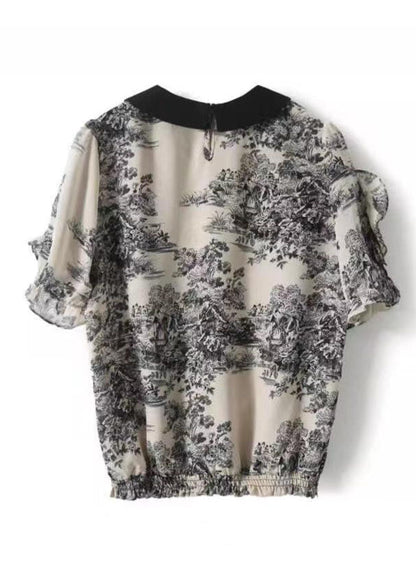 Black Peter Pan Collar Print Patchwork Chiffon Shirt Summer