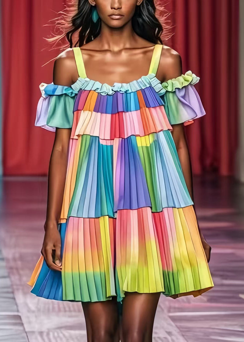 Rainbow Tie Dye Wrinkled Chiffon Day Dress Summer