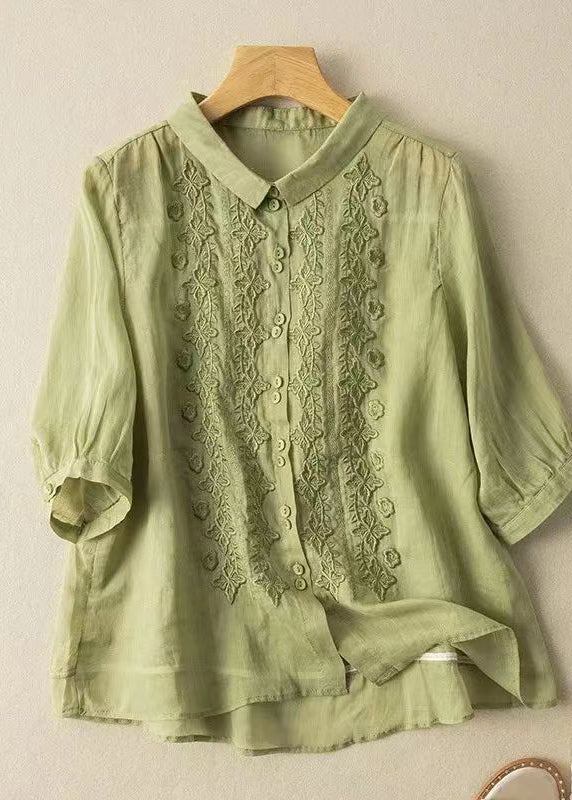Green Peter Pan Collar Embroideried Button Shirt Half Sleeve