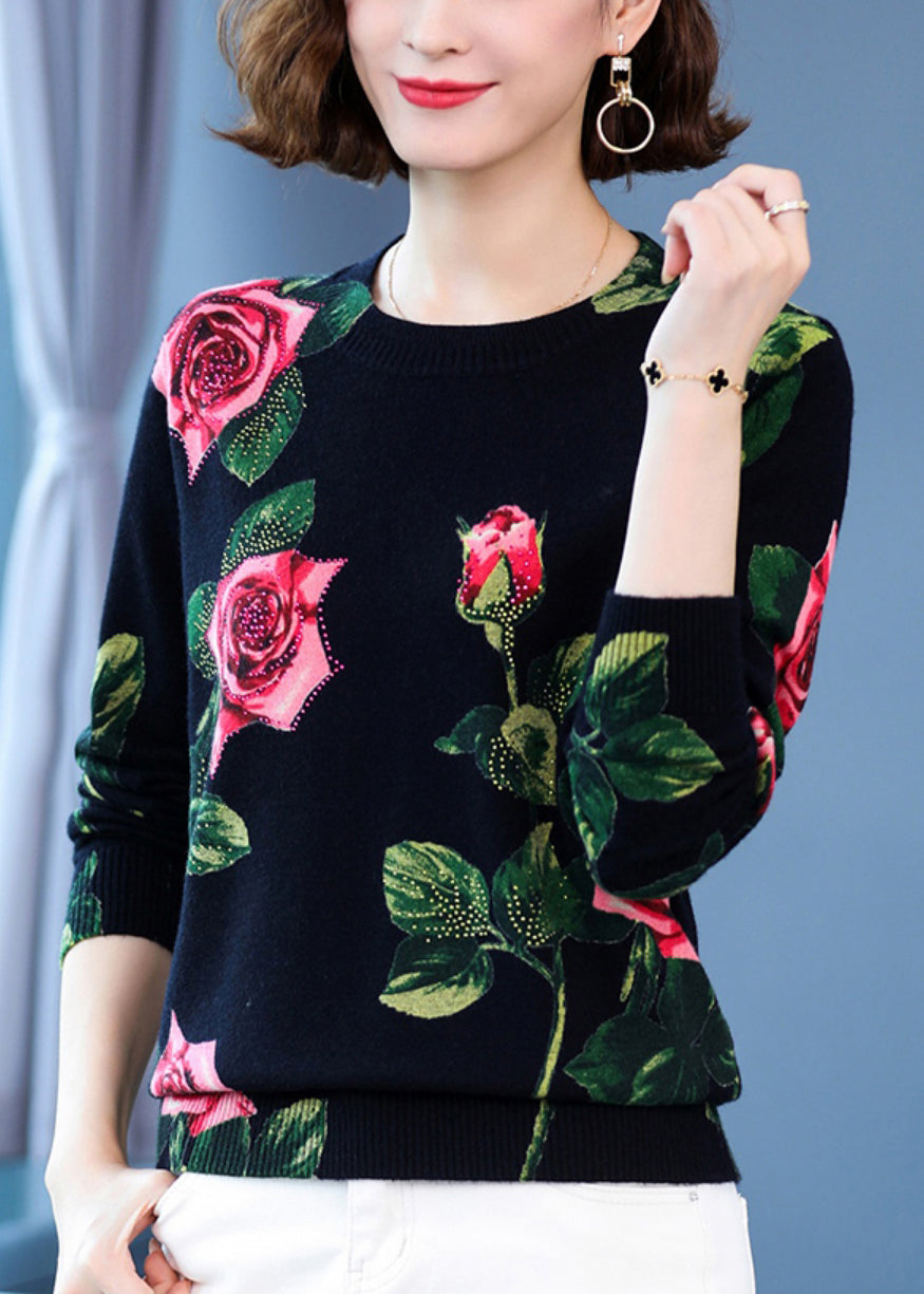 Black O Neck Print Woolen Knit Pullover Spring