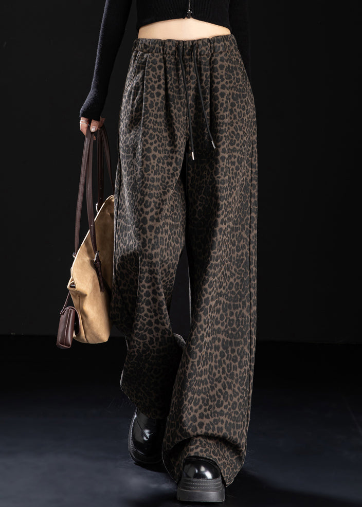 New Coffee Leopard Pockets Print Warm Fleece Denim Pants Spring