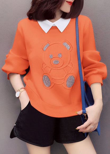 Loose Orange Peterpan Collar Print Fall Pullover Street Wear