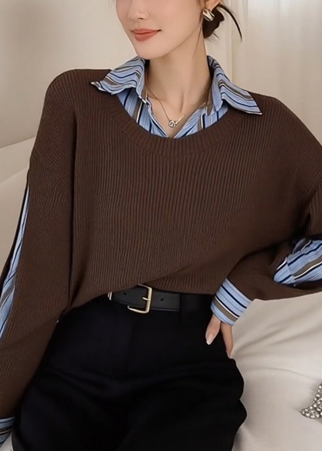 Style Brown Peter Pan Collar Patchwork Knit Fake Two Piece Shirts Spring