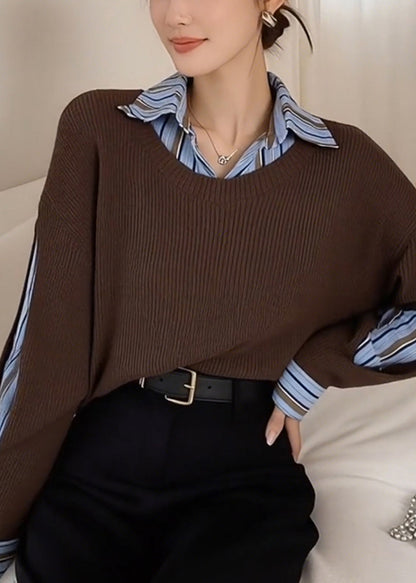 Style Brown Peter Pan Collar Patchwork Knit Fake Two Piece Shirts Spring