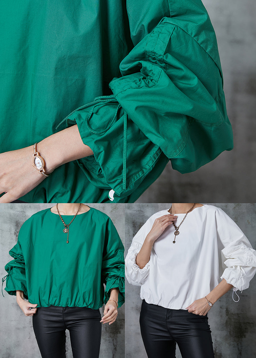 Fitted Green Oversized Drawstring Cotton Pullover Spring