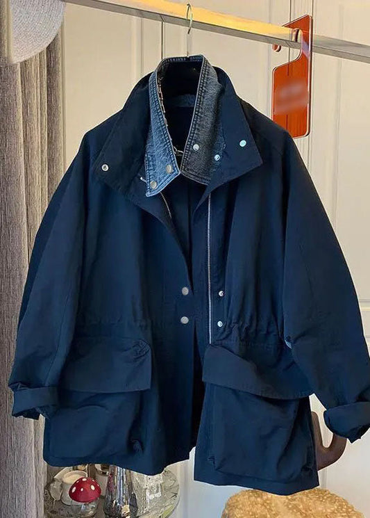Fitted Black Peter Pan Collar Patchwork Button Jackets Long Sleeve Fall