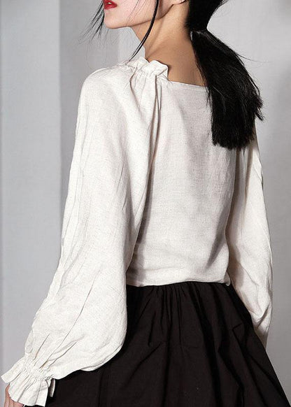 Unique Beige Cinched Lantern Sleeve Cotton Summer Shirts