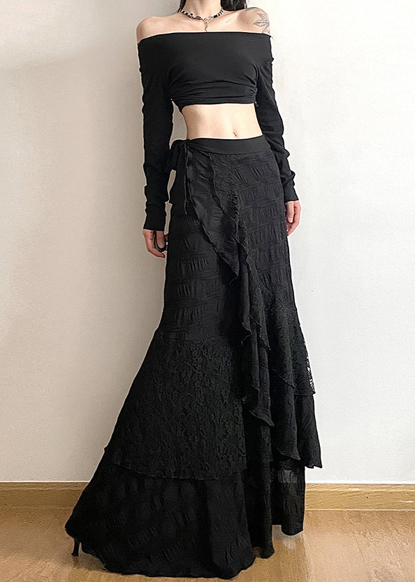 Black Asymmetrical Patchwork Cotton Skirts Fall