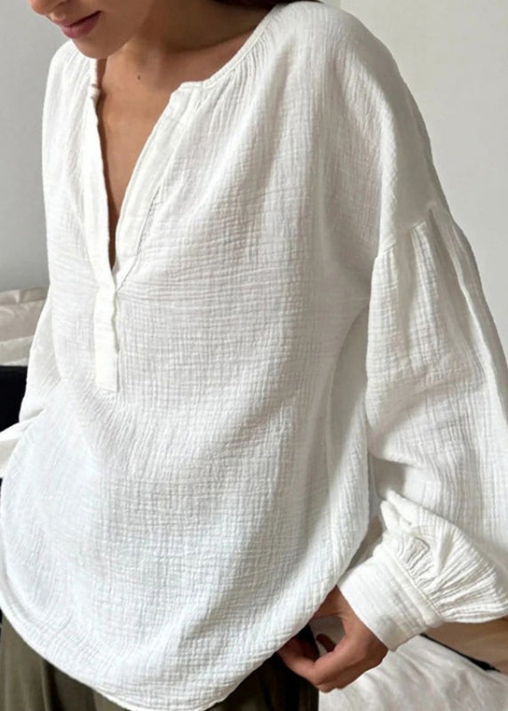 White V Neck Patchwork Cotton T Shirts Fall