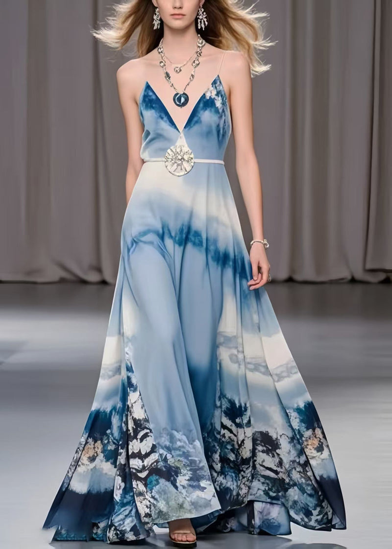 Sky Blue Print Exra Large Hem Chiffon Holiday Dress Summer