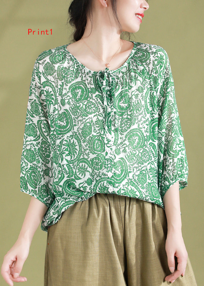 Loose O-neck Print Lace Up Cotton Shirt Top Half Sleeve