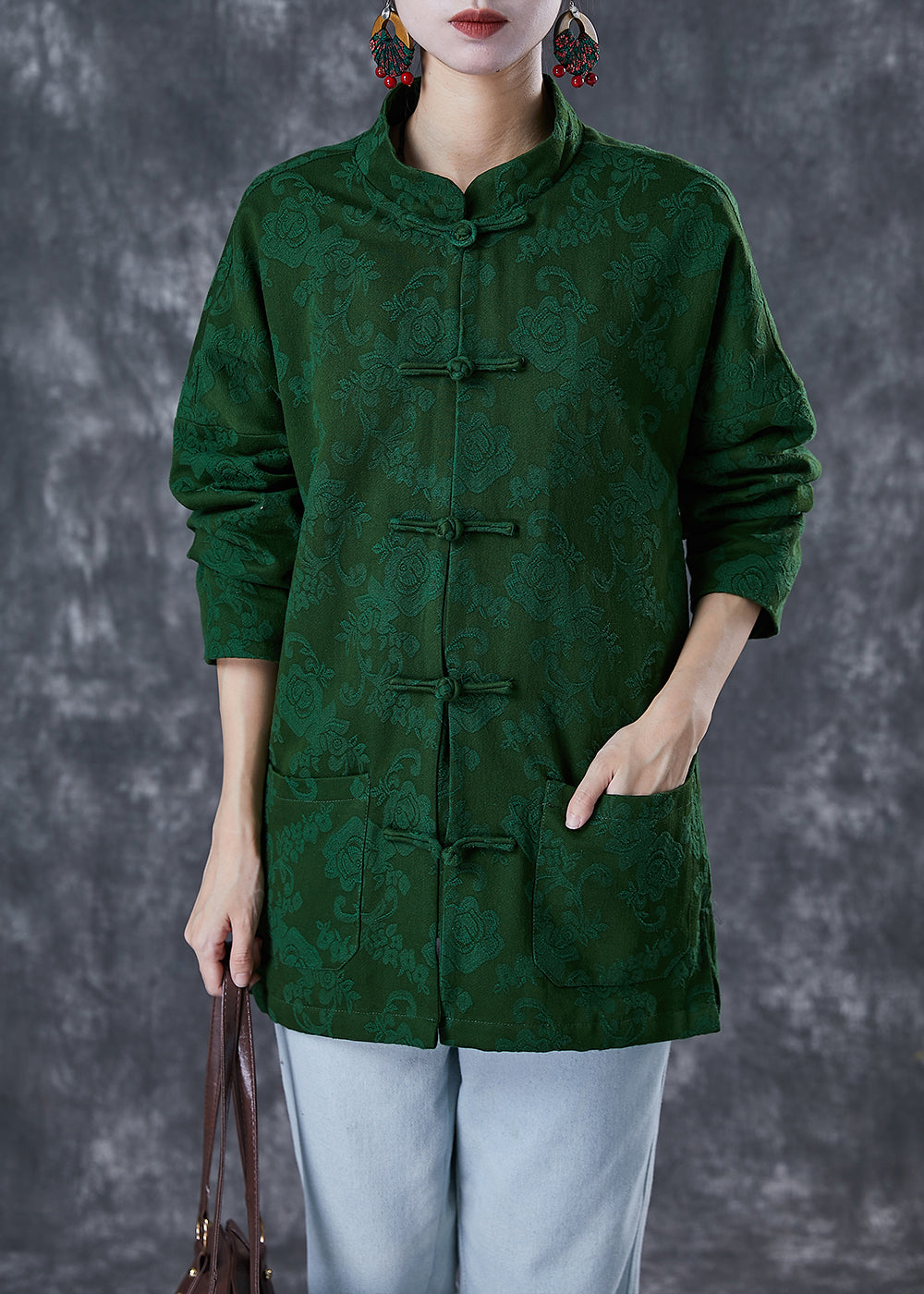 Green Jacquard Chinese Button Cotton Coats Fall