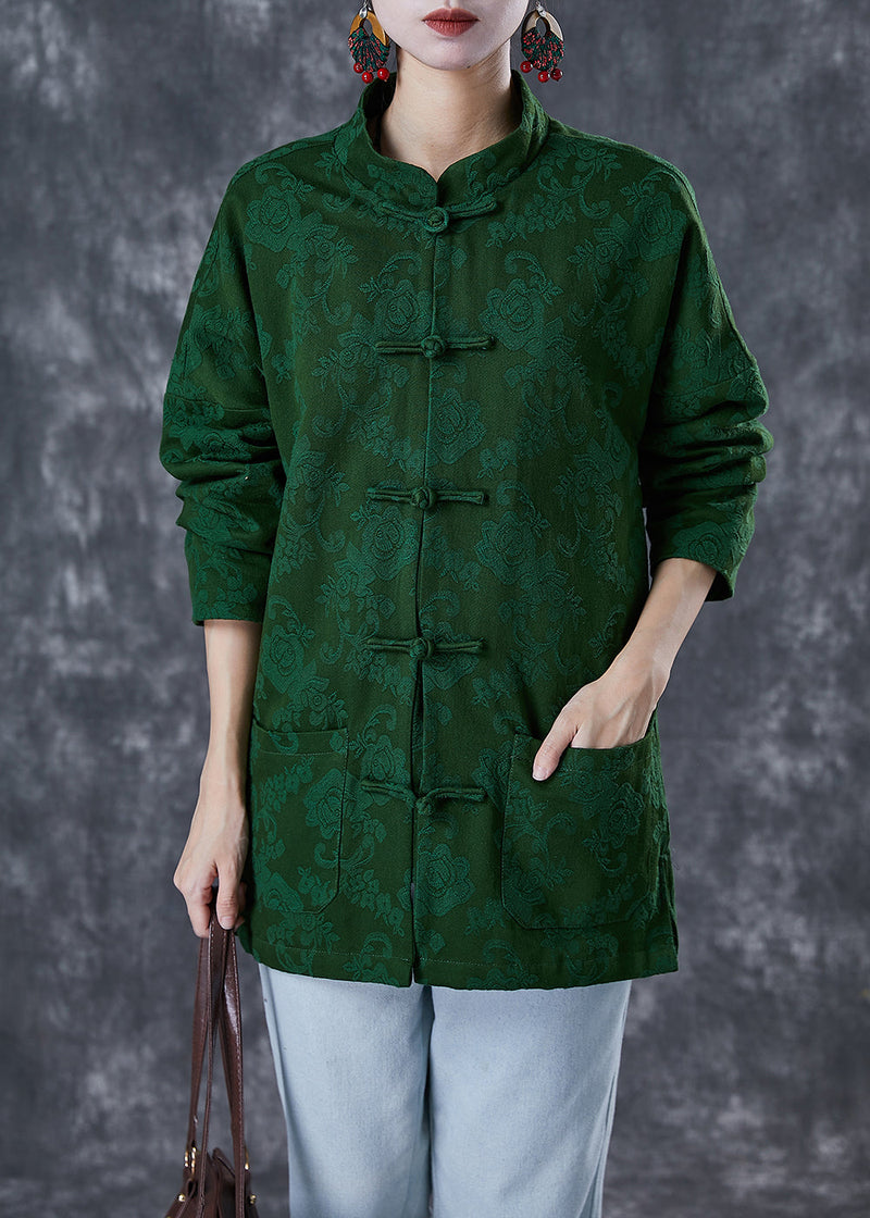 Green Jacquard Chinese Button Cotton Coats Fall