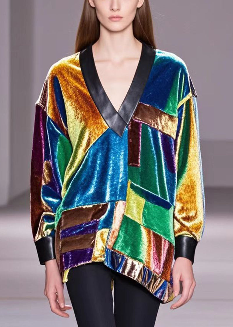 Multicolour Asymmetrical Patchwork Silk Velour Shirts Fall