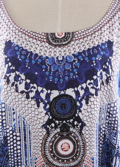 Blue Print O-neck Kimono Robe Mid Summer Cotton Dress