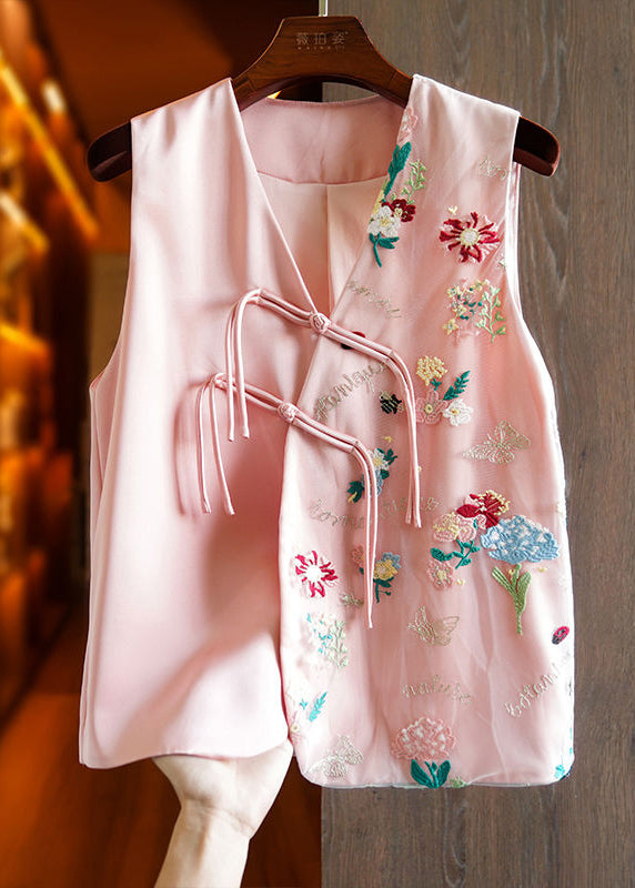 Apricot V Neck Embroideried Button Patchwork Tulle Waistcoat Sleeveless