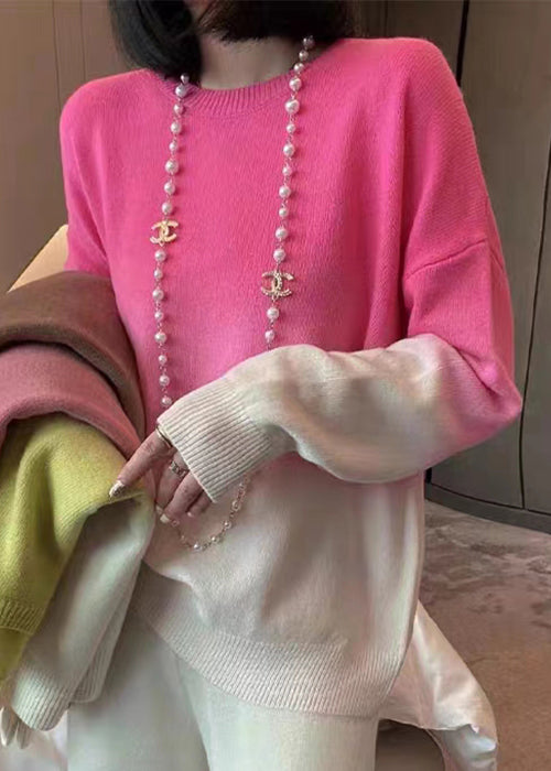 Rose Gradient Color O-neck Cozy Cashmere Knit Sweaters Fall